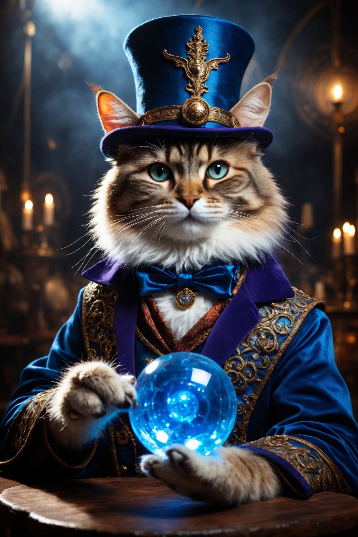 Professional Closeup photo An cat magician in a fantasy setting wearing a detailed magician outfit holding a blue glowing sphere,  detailed fur,  paws
