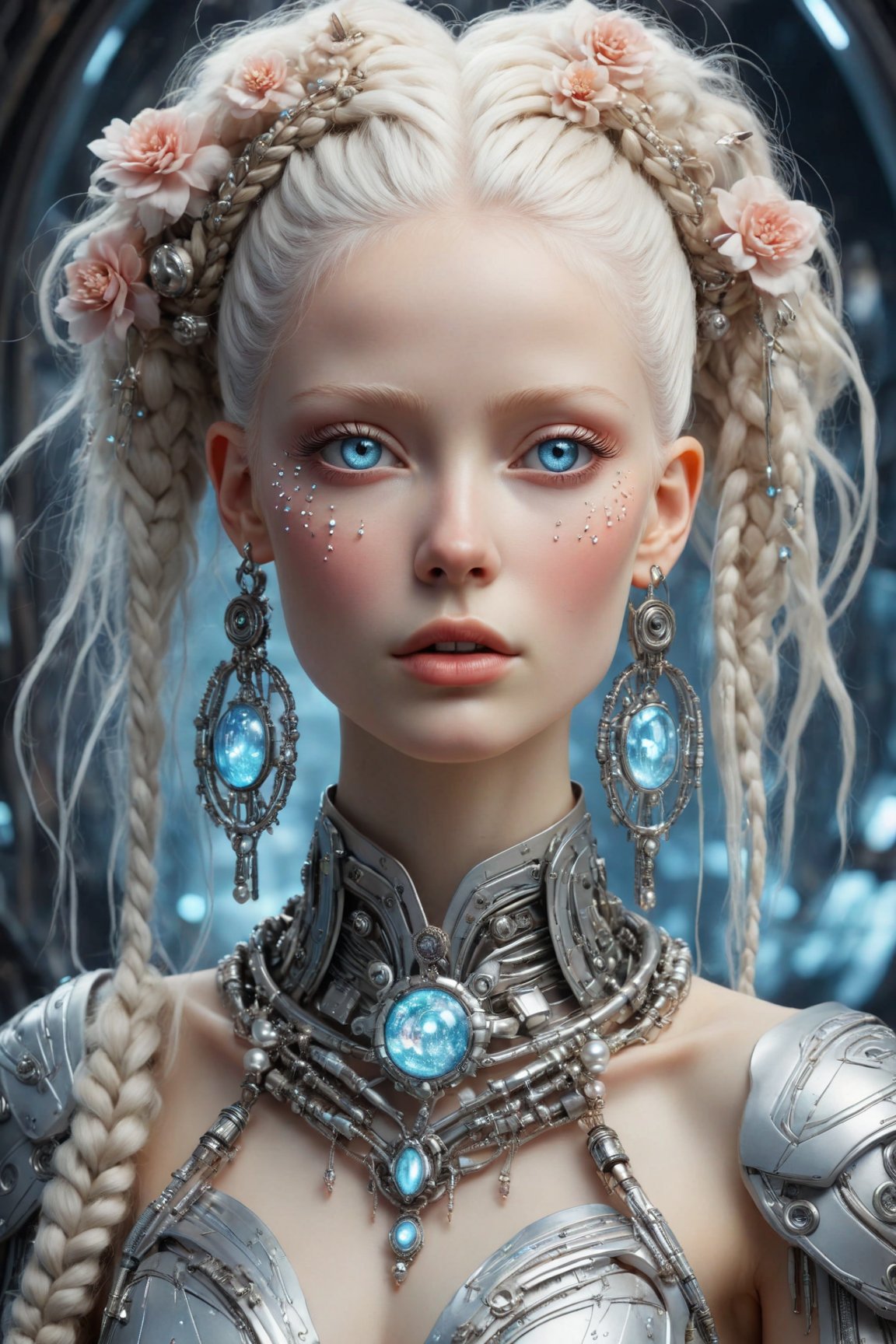 A close-up portrait of an albino woman with pastel tones, depicted in a futuristic style. She has an intricate, elaborate hairstyle with multiple braids adorned with pearls and flowers, but with a modern twist. Her hair is white, and she has blue eyes with light freckles on her face. She is dressed in an opulent, high-tech outfit with metallic and holographic elements, and delicate jewelry with futuristic designs. The background is a sleek, high-tech interior with soft, ambient lighting that highlights the details of her attire and accessories. The overall aesthetic blends fantasy and science fiction, emphasizing intricate craftsmanship and a serene expression.