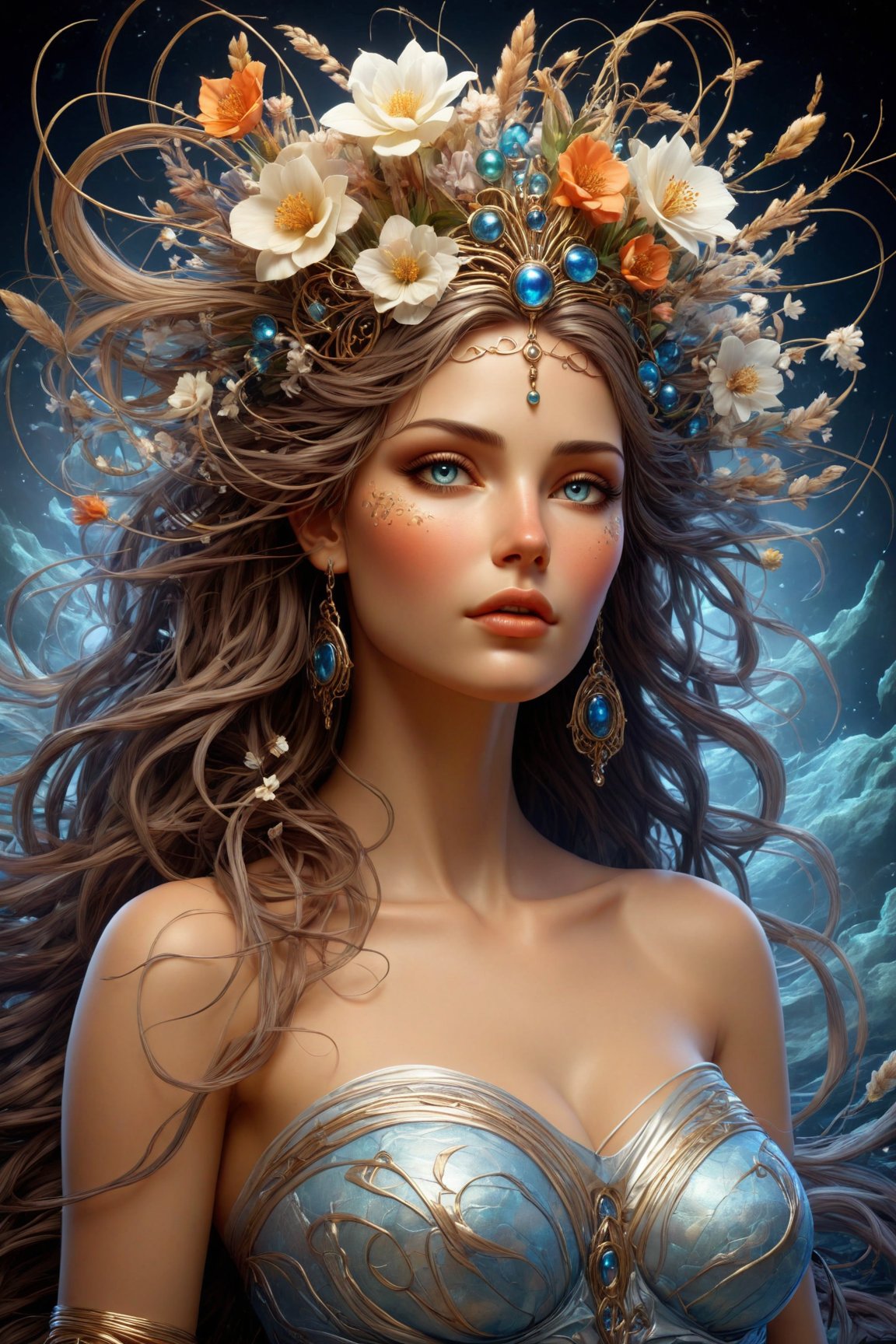 Create an organic goddess with gorgeous flowers woven into her hair, featuring holographic white plastic and fin elements. The scene should be set in a fantasy realm, characterized by intricate, elegant, and highly detailed features. Strive for a realistic and photorealistic digital painting style. The artwork should evoke the styles of Scott Davidson, Albert Auble, Krentz Kushart, Artem Demura, and Alphonse Mucha, and be suitable for trending on Artstation. Ensure the image is smooth, with clear focus, and rendered in 4k resolution for high quality. The goddess should have blue glowing eyes and the overall design should showcase headquarters-level clarity, crazy detail, and the feel of high-quality concept art