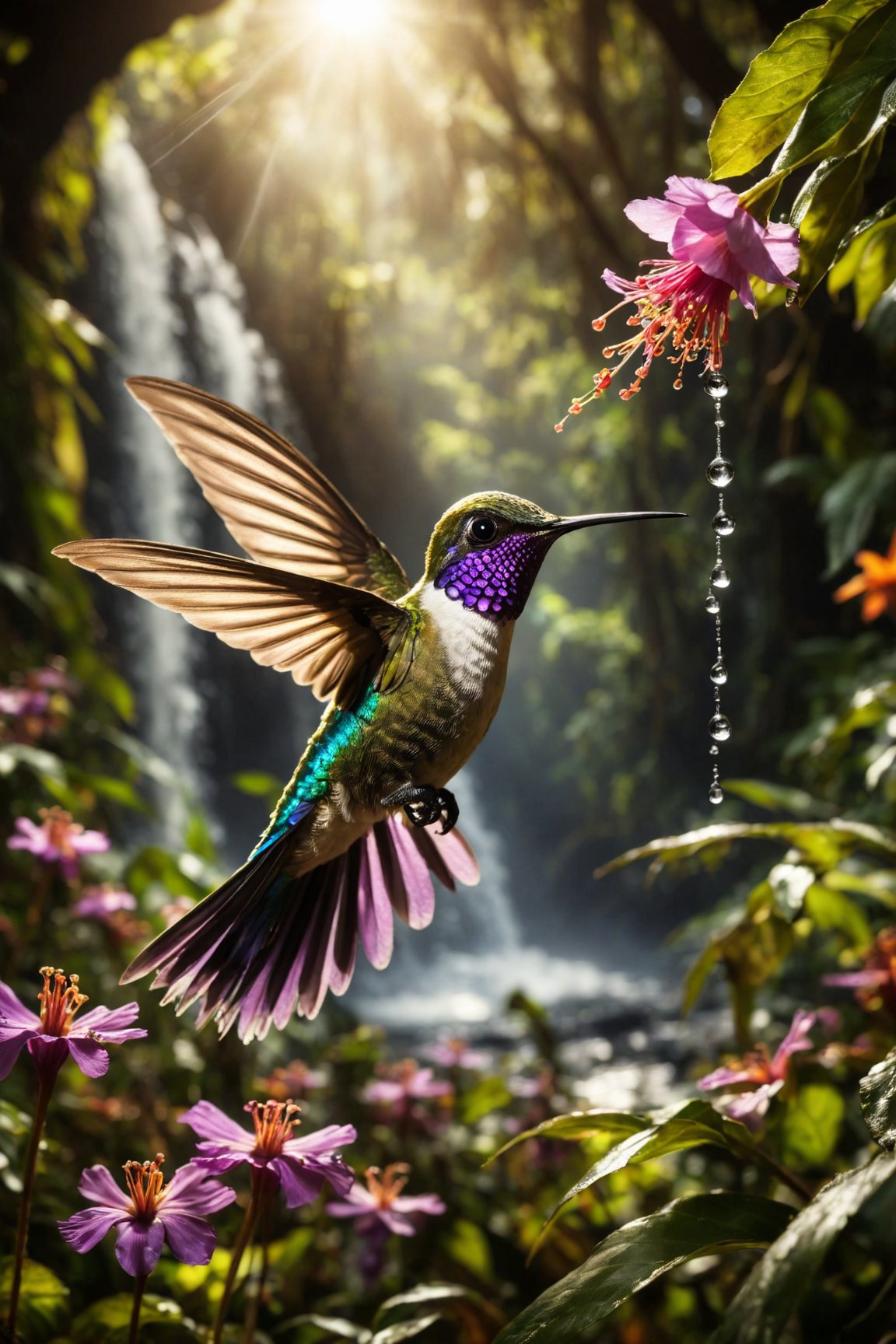 Capture an incredibly detailed and high-resolution photograph of a Violet-crowned nymph hummingbird in its natural habitat. The scene is set in a lush, vibrant rainforest during the golden hour, with beams of sunlight piercing through the dense foliage, casting a warm, cinematic glow. The nymph is mid-flight, wings a blur, hovering near a cluster of bright, blooming flowers. Dewdrops glisten on the petals, and the background features a cascading waterfall, adding a dynamic and dramatic element to the composition. The sharp details and vivid colors immerse viewers in the breathtaking beauty and wonder of this enchanting moment in nature