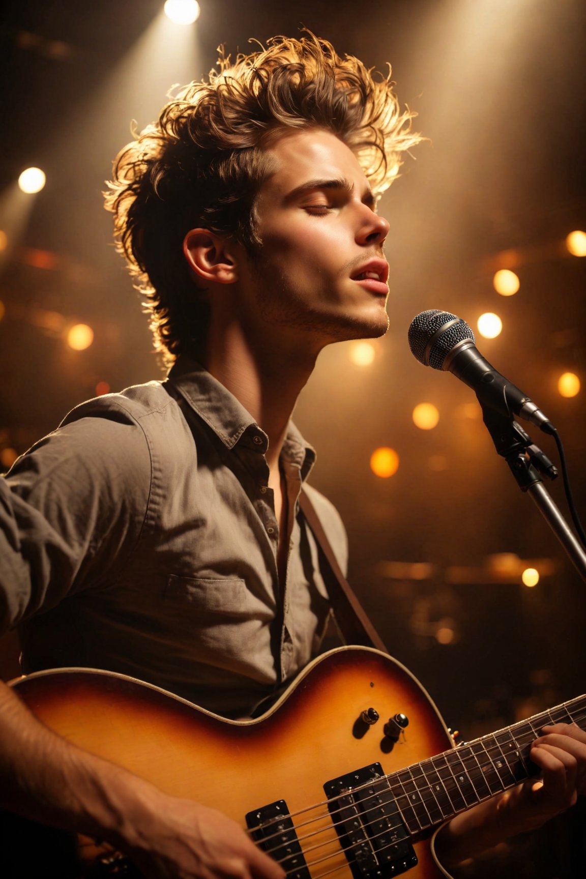 Create a portrait of a young musician lost in the moment, their eyes closed, bathed in the warm glow of stage lights, with subtle hints of emotion and passion reflecting in their expression