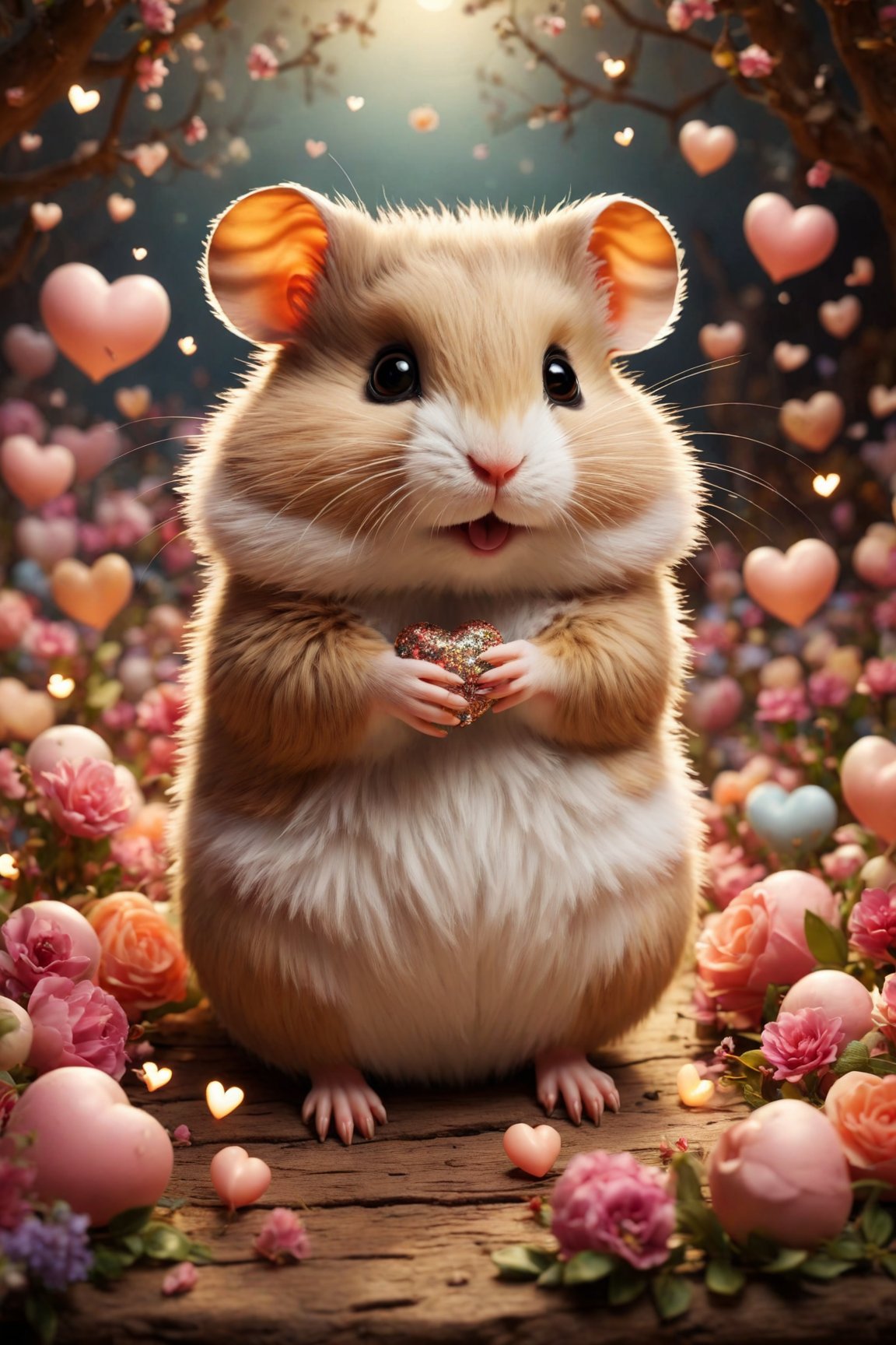 Illustrate a whimsical and adorable scene featuring a cute lovable hamster in the throes of love, surrounded by a plethora of charming hearts. The hamster, with its fluffy fur and endearing whiskers, gazes affectionately at a heart-shaped object, its tiny paws reaching out in a gesture of adoration. The hearts, varying in size and color, float around the hamster in a delightful, swirling dance, infusing the scene with a sense of joy and romance. Each heart pulsates with a warm, radiant glow, casting a soft, rosy light upon the furry protagonist. The whimsical ambiance is further enhanced by the presence of delicate, pastel-hued flowers blooming in the background, adding a touch of enchantment to the enchanting tableau.