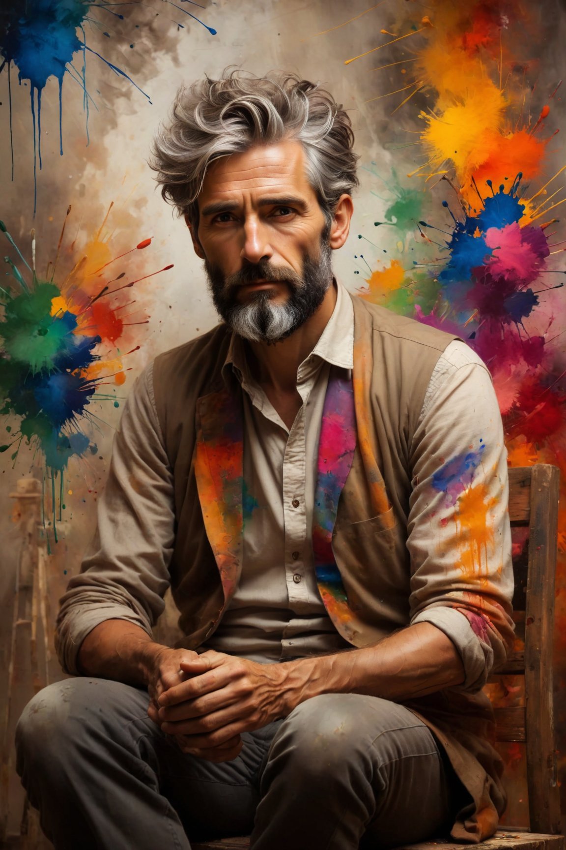 An elegant portrait capturing the essence of a contemplative artist lost in thought, surrounded by scattered brushes and vibrant splashes of color, with soft, diffused lighting illuminating their features