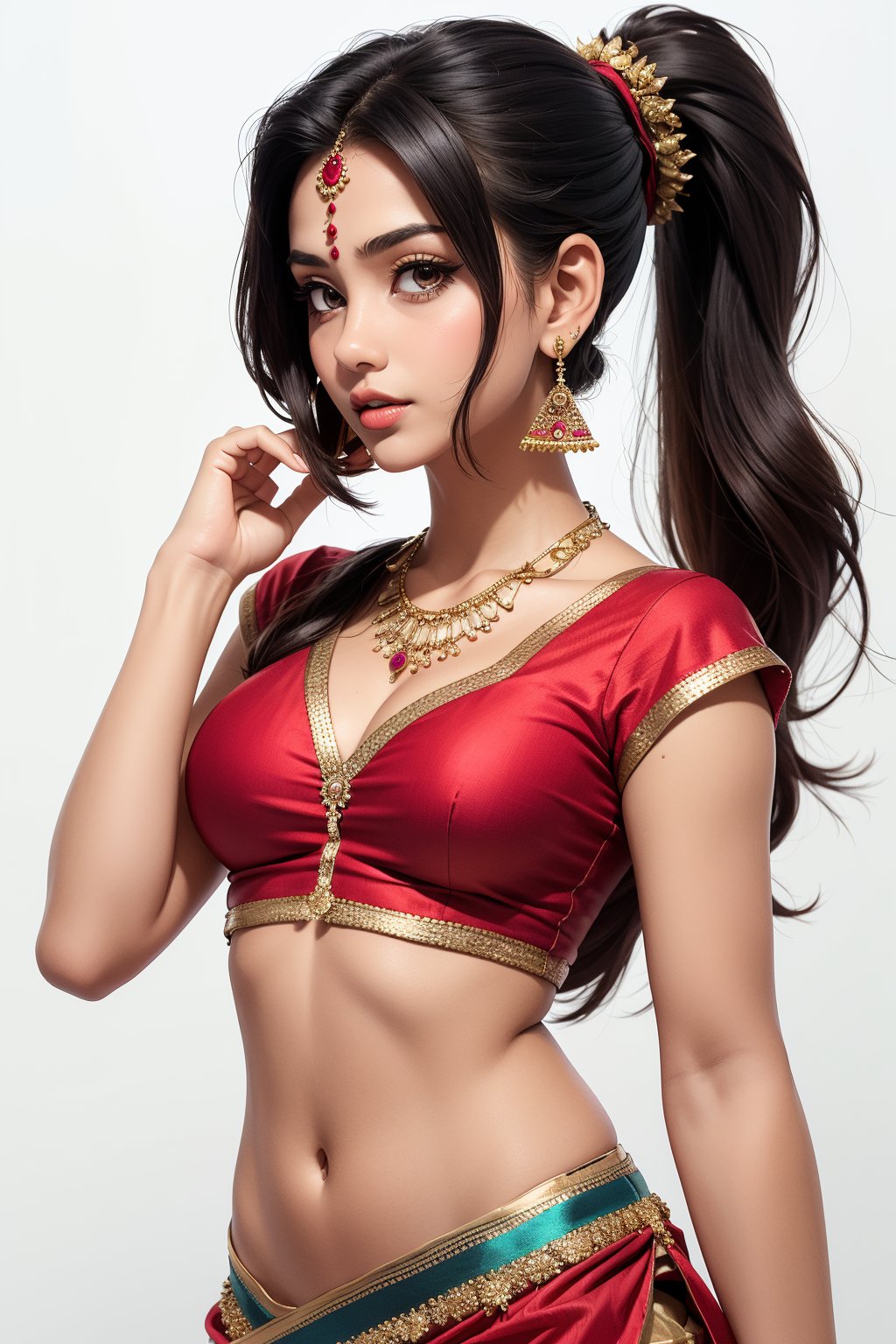 1girl, solo, long hair, indian_attire, saree, simple background, hair, black hair, white background, jewelry, ponytail, earrings, midriff, necklace