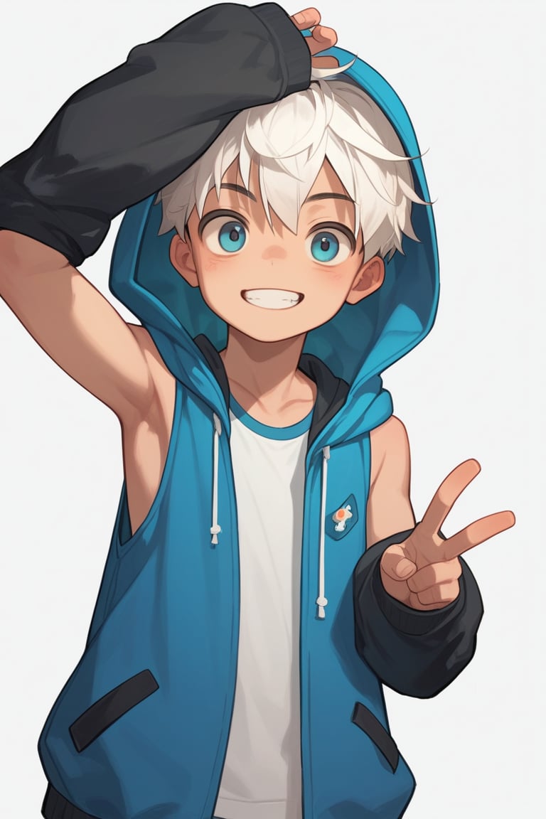 score_9,score_8_up,score_7_up,score_6_up,score_5_up,simple background,BREAK
solo,boy\( shota, white hair \),clothes\(sleeveless_hoodie\),
v, smile,br-style