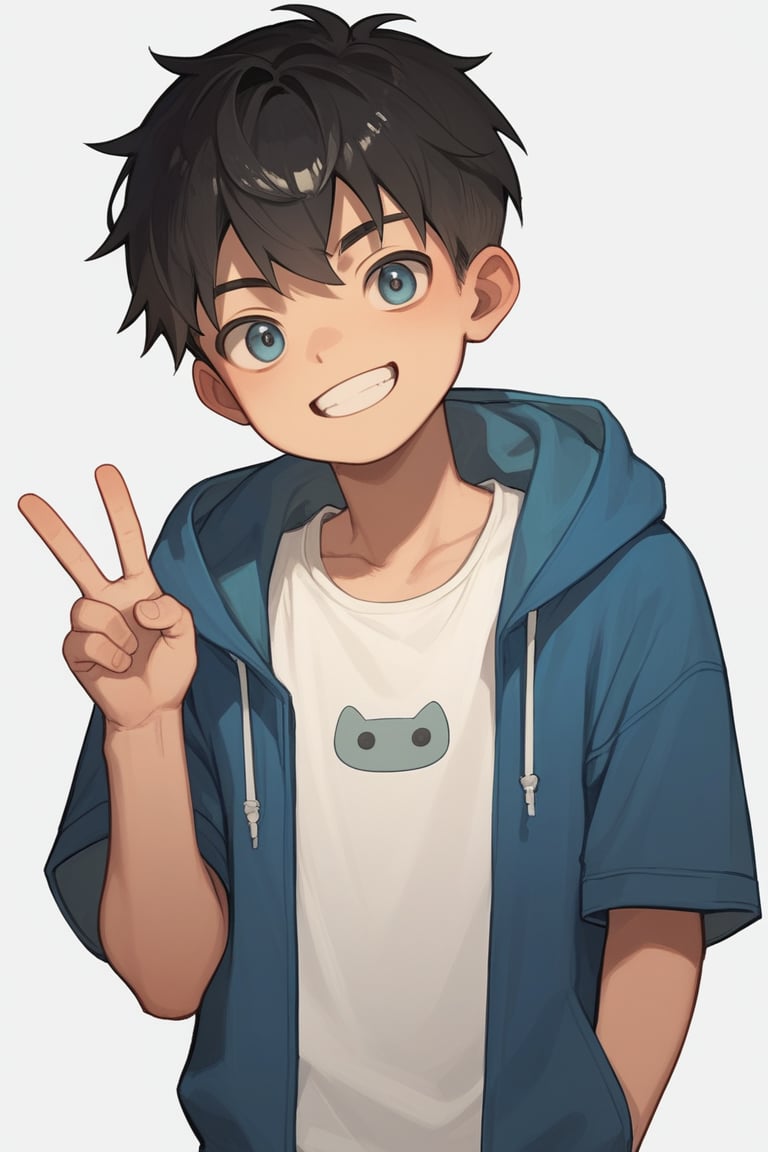 score_9,score_8_up,score_7_up,score_6_up,score_5_up,simple background,BREAK
solo,boy\( shota, black hair \),clothes\(sleeveless_hoodie\),
v, smile,br-style