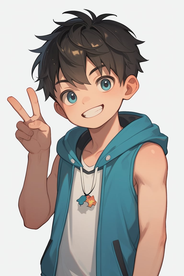 score_9,score_8_up,score_7_up,score_6_up,score_5_up,simple background,BREAK
solo,boy\( shota, black hair \),clothes\(sleeveless_hoodie\),
v, smile,br-style