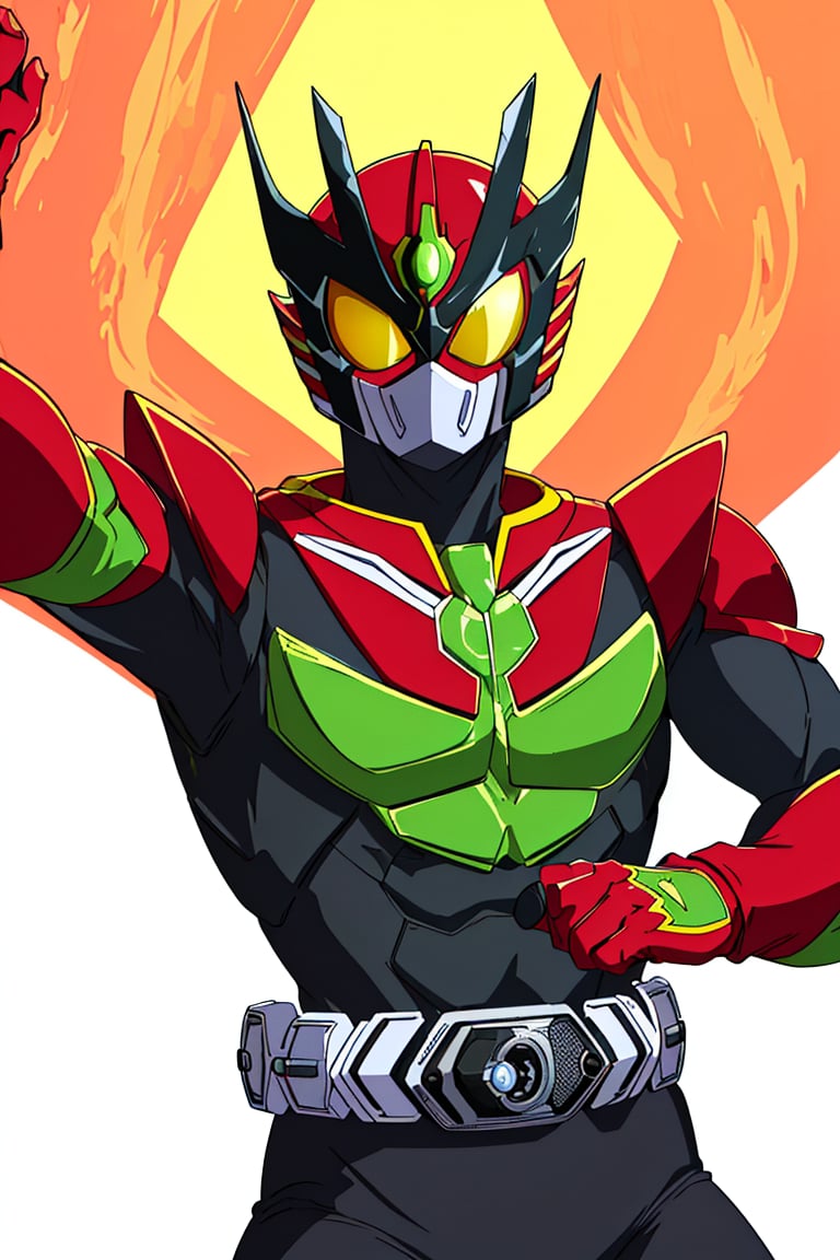 kamenrider, (dynamic pose:1.3), (perfect anatomy), (8K, ultra-detailed, masterpiece, best quality, detailed, highly detailed, sharp focus) , (long shot:1.4), (wide angle), (look at viewer:1.3), (natural lighting:1.3), (professional lighting), best shadow, (warm color), (simple background:1.3), (Safe for work:1.3),More Detail, tozerider