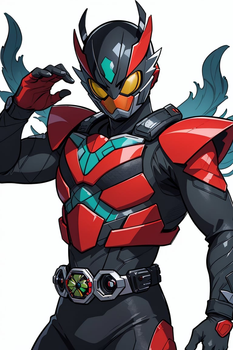 1man, solo, kamenrider, red color, black color, (dynamic action pose:1.3), (perfect anatomy), (8K, ultra-detailed, masterpiece, best quality, detailed, highly detailed, sharp focus) , (long shot:1.4), (wide angle), (look at viewer:1.3), (natural lighting:1.3), (professional lighting), best shadow, (warm color), (simple background:1.3), (Safe for work:1.3),More Detail, tozerider