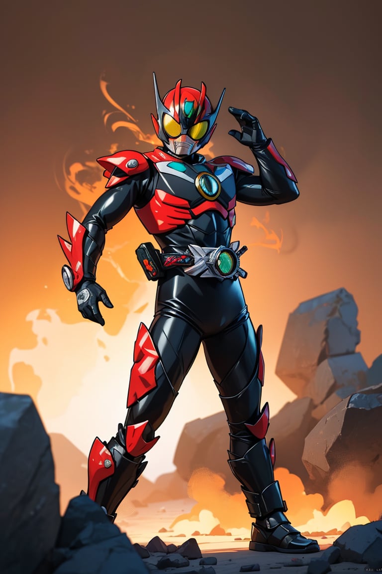 1man, solo, kamenrider, red color, black color, (dynamic action pose:1.3), (perfect anatomy), (8K, ultra-detailed, masterpiece, best quality, detailed, highly detailed, sharp focus) , (long shot:1.4), (wide angle), (look at viewer:1.3), (natural lighting:1.3), (professional lighting), best shadow, (warm color), (simple background:1.3), (Safe for work:1.3),More Detail, tozerider