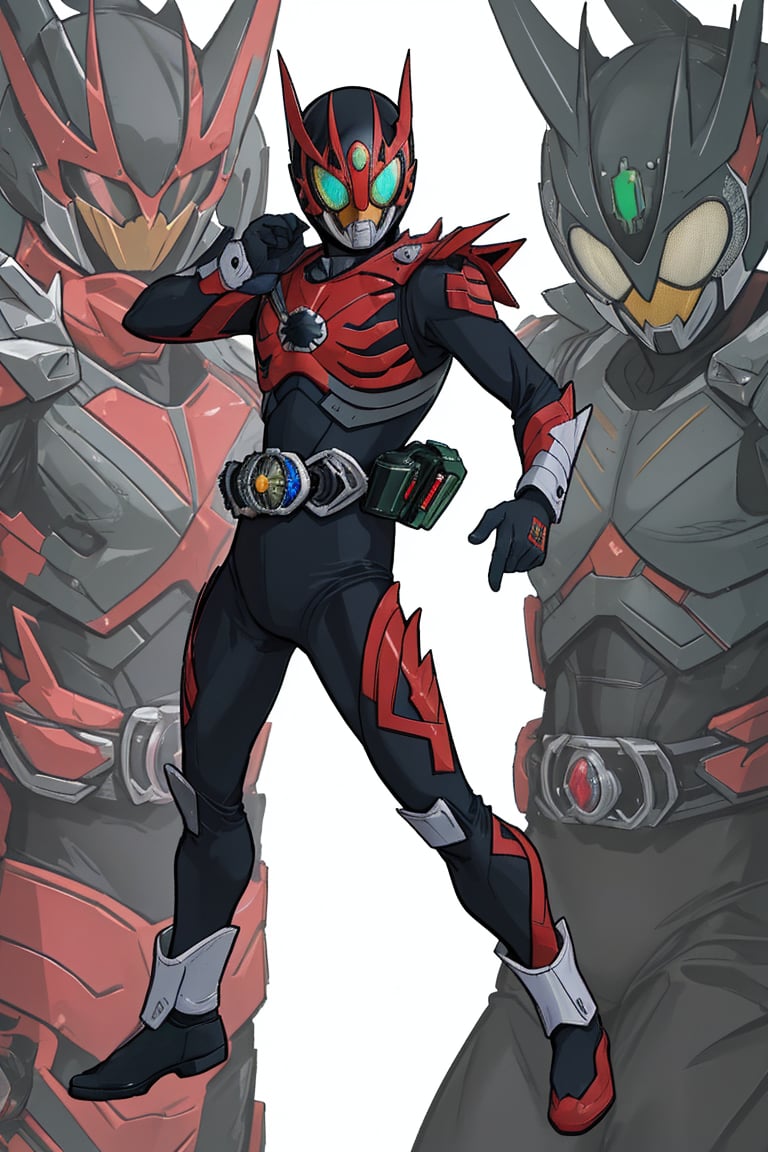 1man, solo, kamenrider, red color, black color, (dynamic action pose:1.3), (perfect anatomy), (8K, ultra-detailed, masterpiece, best quality, detailed, highly detailed, sharp focus) , (long shot:1.4), (wide angle), (look at viewer:1.3), (natural lighting:1.3), (professional lighting), best shadow, (warm color), (simple background:1.3), (Safe for work:1.3),More Detail, tozerider