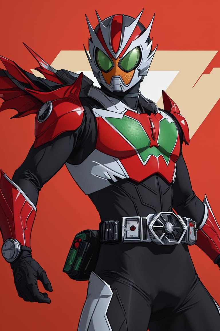 1man, solo, kamenrider, red color, black color, (dynamic action pose:1.3), (perfect anatomy), (8K, ultra-detailed, masterpiece, best quality, detailed, highly detailed, sharp focus) , (long shot:1.4), (wide angle), (look at viewer:1.3), (natural lighting:1.3), (professional lighting), best shadow, (warm color), (simple background:1.3), (Safe for work:1.3),More Detail, tozerider