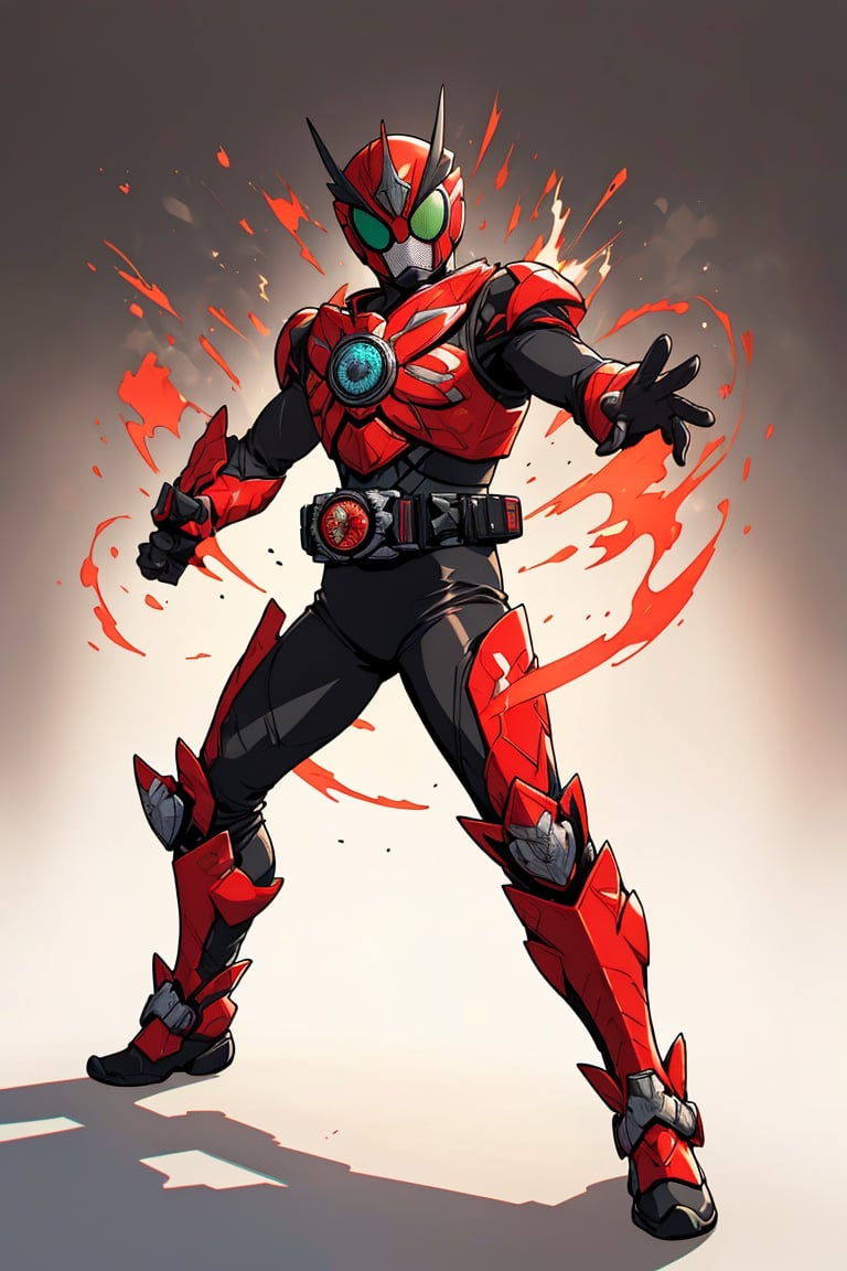 1man, solo, kamenrider, red color, black color, (dynamic action pose:1.3), (perfect anatomy), (8K, ultra-detailed, masterpiece, best quality, detailed, highly detailed, sharp focus) , (long shot:1.4), (wide angle), (look at viewer:1.3), (natural lighting:1.3), (professional lighting), best shadow, (warm color), (simple background:1.3), (Safe for work:1.3),More Detail, tozerider