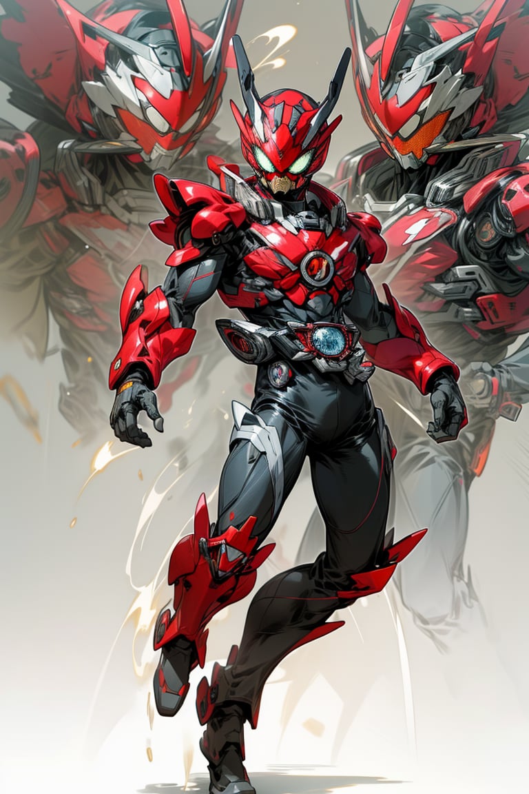 1man, solo, kamenrider, red color, black color, (dynamic action pose:1.3), (perfect anatomy), (8K, ultra-detailed, masterpiece, best quality, detailed, highly detailed, sharp focus) , (long shot:1.4), (wide angle), (look at viewer:1.3), (natural lighting:1.3), (professional lighting), best shadow, (warm color), (simple background:1.3), (Safe for work:1.3),More Detail, tozerider,mecha