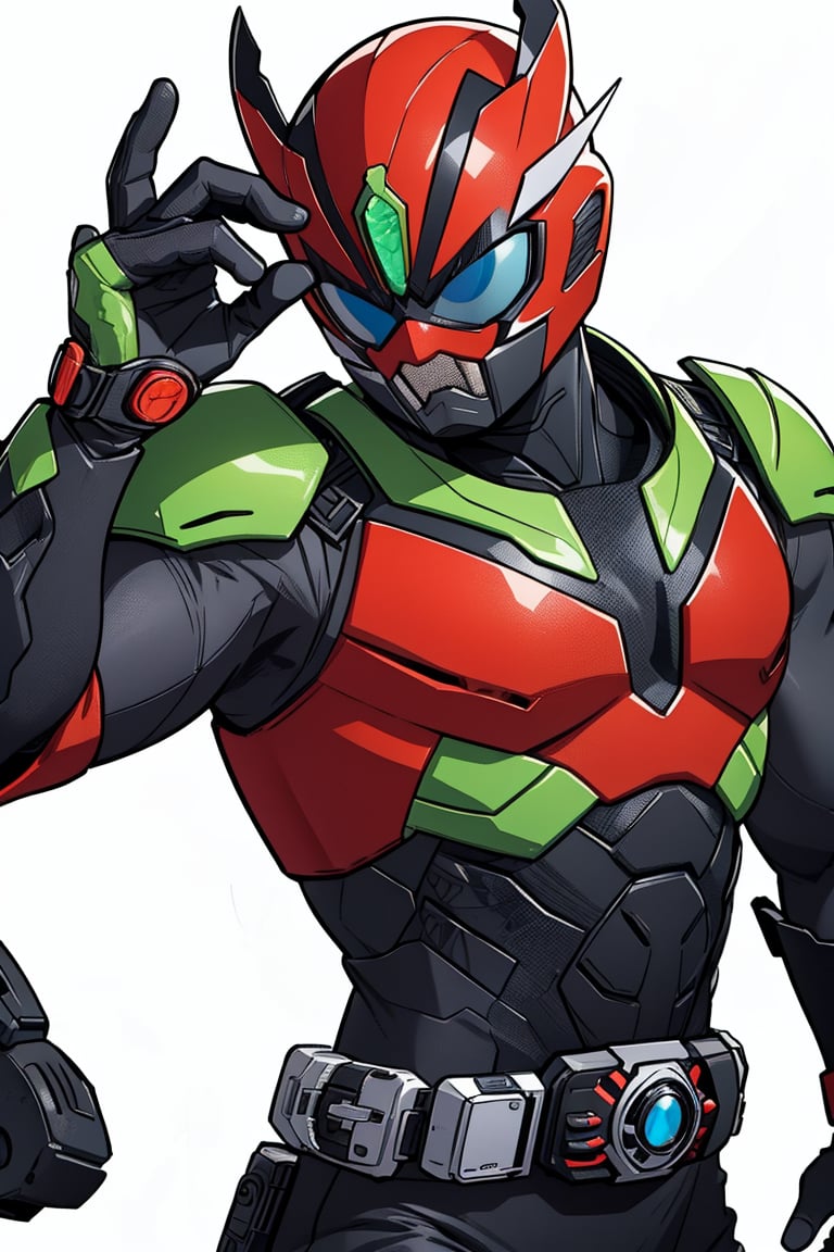 1man, solo, kamenrider, red color, black color, (dynamic action pose:1.3), (perfect anatomy), (8K, ultra-detailed, masterpiece, best quality, detailed, highly detailed, sharp focus) , (long shot:1.4), (wide angle), (look at viewer:1.3), (natural lighting:1.3), (professional lighting), best shadow, (warm color), (simple background:1.3), (Safe for work:1.3),More Detail, tozerider