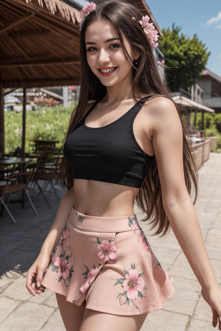 (best quality, 4k, 8k, highres, masterpiece:1.2), ultra-detailed, 1girl, cute smile, solo, long hair, skirt, brown hair, black hair, navel, flower, outdoors, day, midriff, crop top, parody, tank top, pink skirt, pencil skirt, mountain, realistic