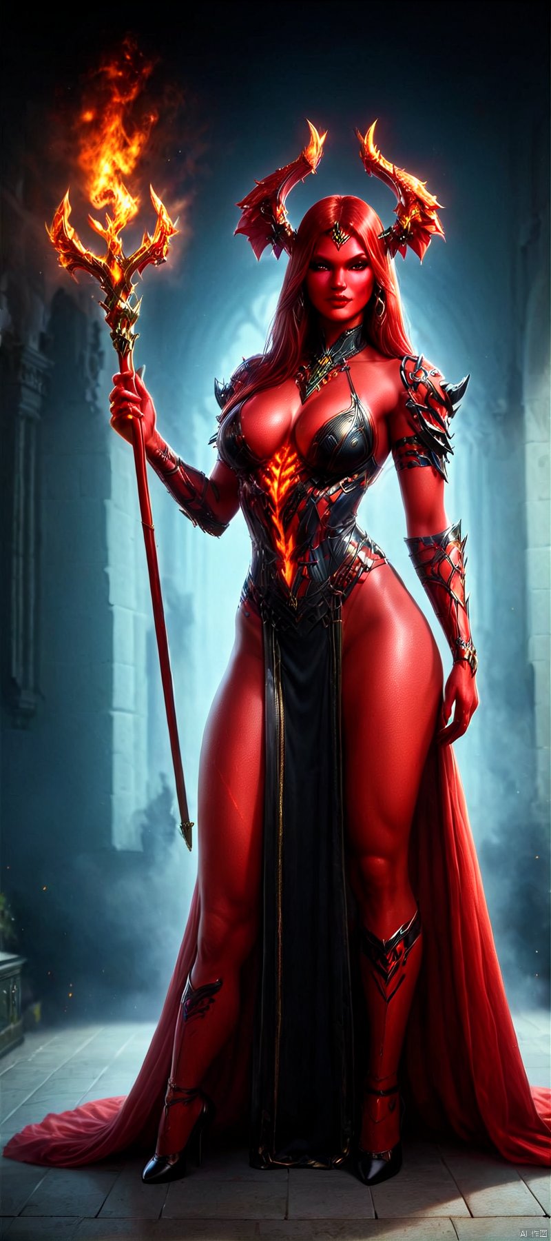 masterpiece, top quality,phoenix dark is x-men, beautiful and aesthetic:1.2, (1girl:1.3), (full body:1.5),red suitbody ,looking at viewer,fire hair, extreme detailed,(fire hands:1.5),fire,smoke,goddess, detailed, detail fingers, detail face, masterpiece,ultra realistic,32k,extremely detailed CG unity 8k wallpaper, best quality, Cinematic photography, movie mood, cinematic light, compelling composition, storytelling elements, conveys emotion, mood, and narrative depth, creating visually striking images that feel like still frames from a film, Cinematic portrait photography, capture subject in a way that resembles a still frame from a movie, cinematic lighting, story, narrative quality, drawing viewers into the scene and evoking a sense of cinematic immersion, capturing emotion, professional, engaging, compelling composition, night photography, nocturnal beauty, city lights, starry skies, celestial wonders, moonlit landscapes, urban glow, capturing the essence of darkness, ethereal atmosphere, dramatic shadows, magical ambiance, long exposure techniques, expert use of light sources,MECHA ANGEL SOLDIER,TRIDENT,Heavenly Breasts,hold trident,COLORFUL GRADIENT,wielding a scythe,PVC rendering figure and pedestal ,MAD-BDYARMR,Helmet,score_9 score_8_up score_7_up, DEVIL GIRL_XL red skin and tail