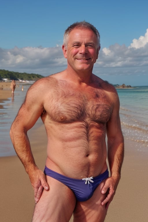 one mature handsome hairy man,smile,man is wearing a bulging speedo on a beach,full figure,