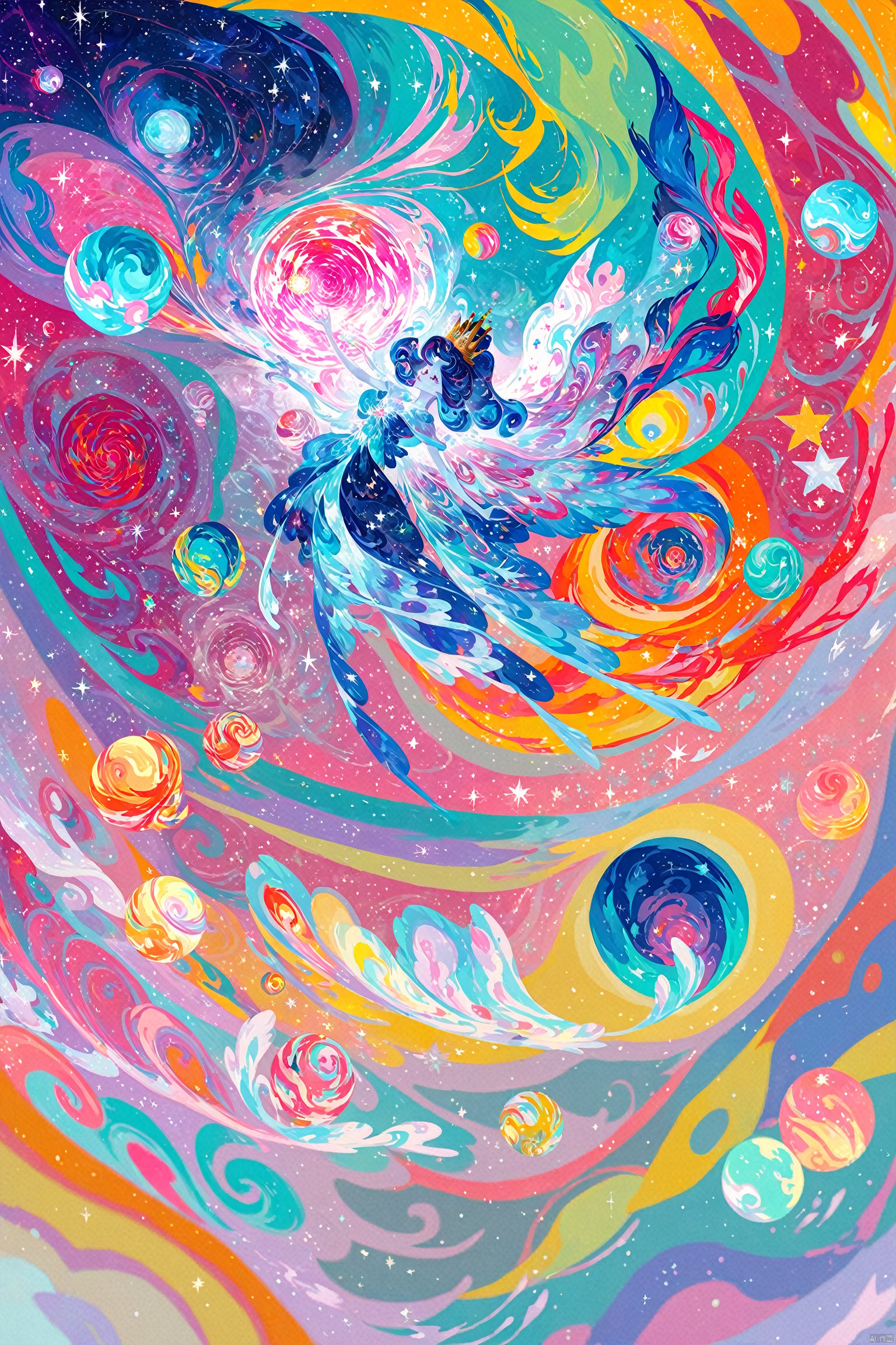 score_9,score_8_up,score_7_up,score_6_up,
a girl with a crown on her head,flying through a colorful and abstract universe. She is surrounded by swirling patterns that resemble galaxies and planets,and there are small bubbles and spheres floating around her. digital art,illustration,girl,crown,flying,universe,galaxy,planet,bubble,sphere,