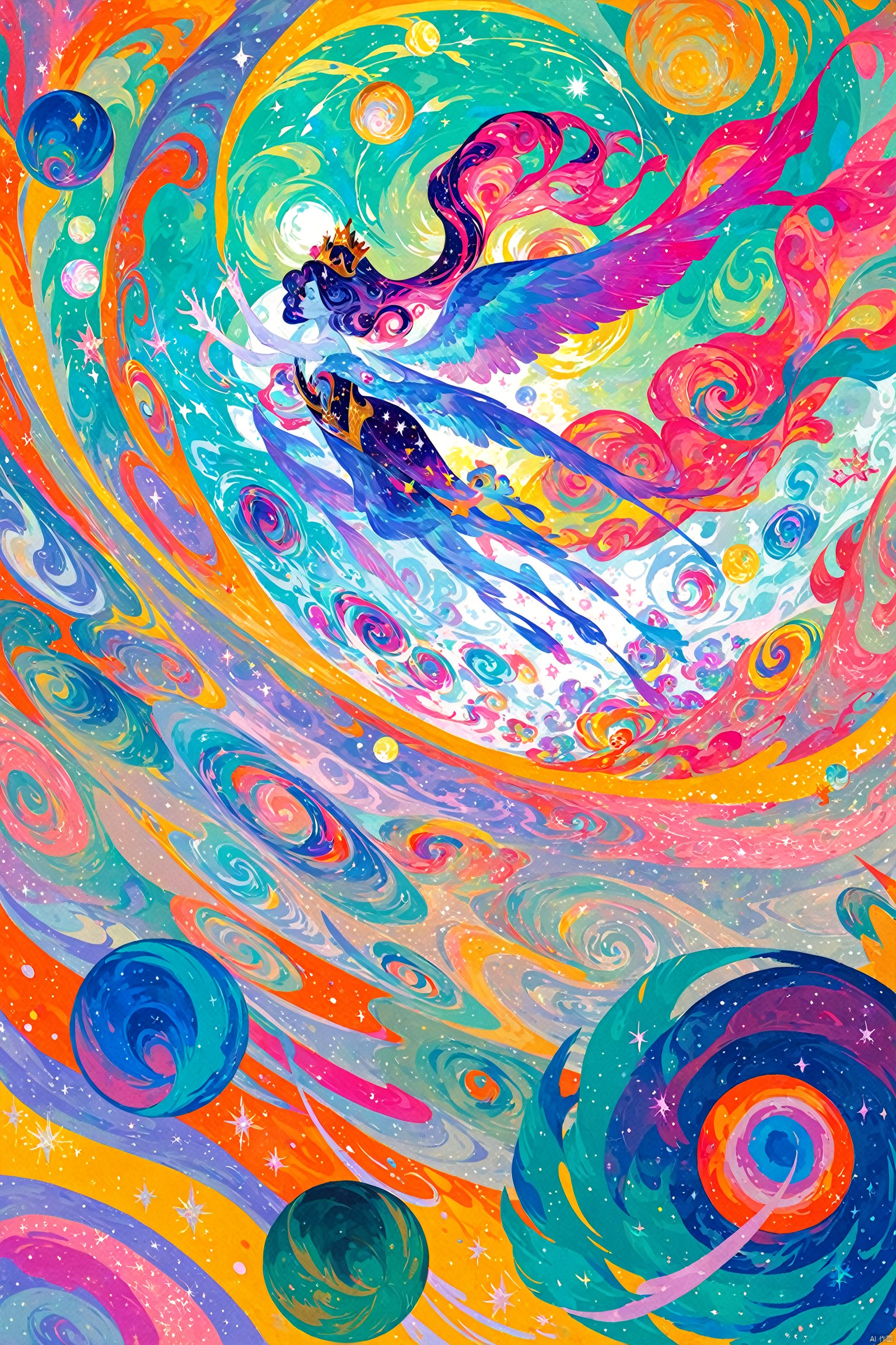 score_9,score_8_up,score_7_up,score_6_up,
a girl with a crown on her head,flying through a colorful and abstract universe. She is surrounded by swirling patterns that resemble galaxies and planets,and there are small bubbles and spheres floating around her. digital art,illustration,girl,crown,flying,universe,galaxy,planet,bubble,sphere,