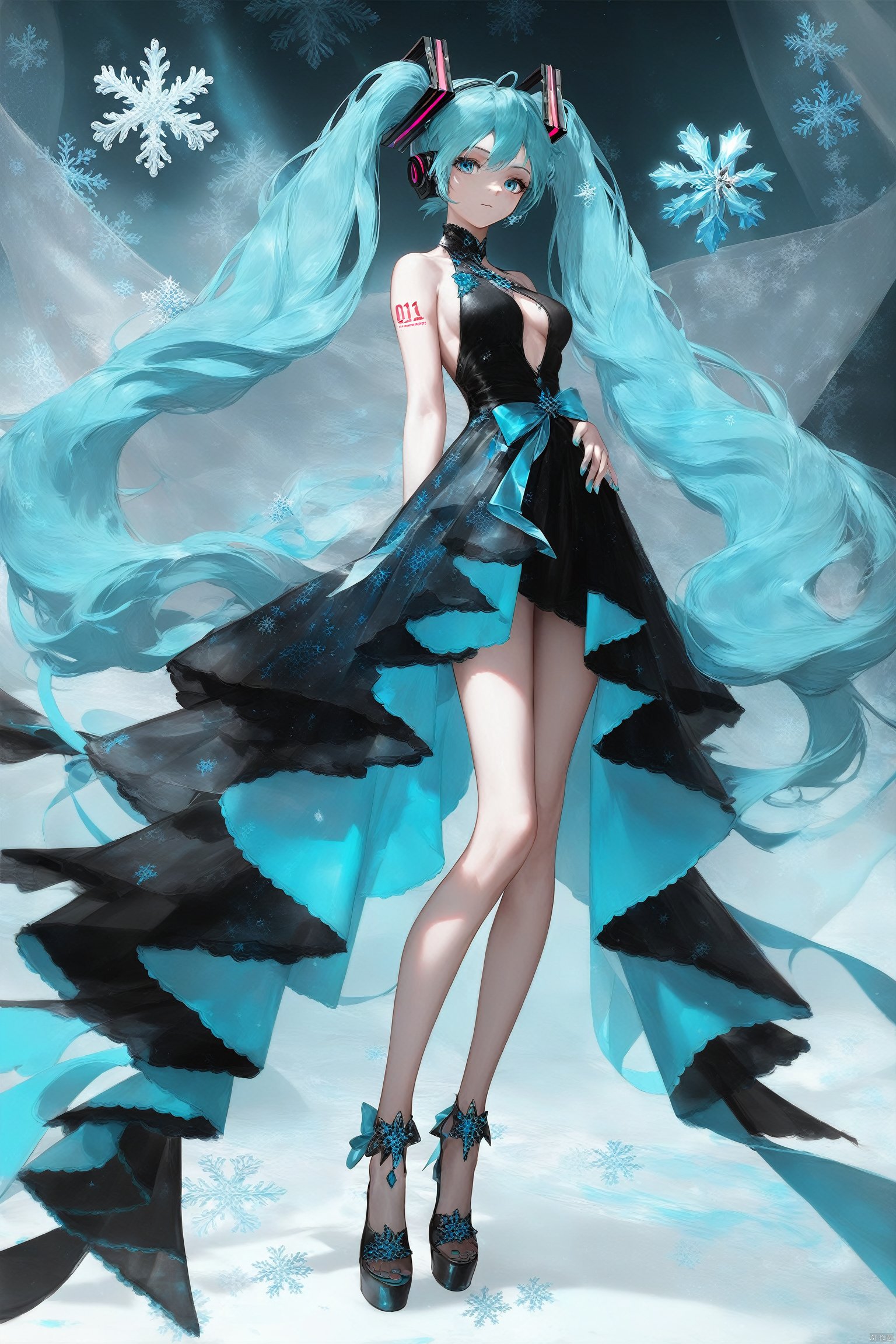 score_9, score_8_up, score_7_up, score_6_up,   1girl, high heels, dress, long hair, horns, twintails, hatsune miku, aqua hair, blue dress, breasts, full body, standing, hair ornament, see-through, looking at viewer, snowflakes, concept art, medium breasts, ribbon, black footwear, headgear, tattoo, jewelry, black dress, blue eyes, bare shoulders, legs