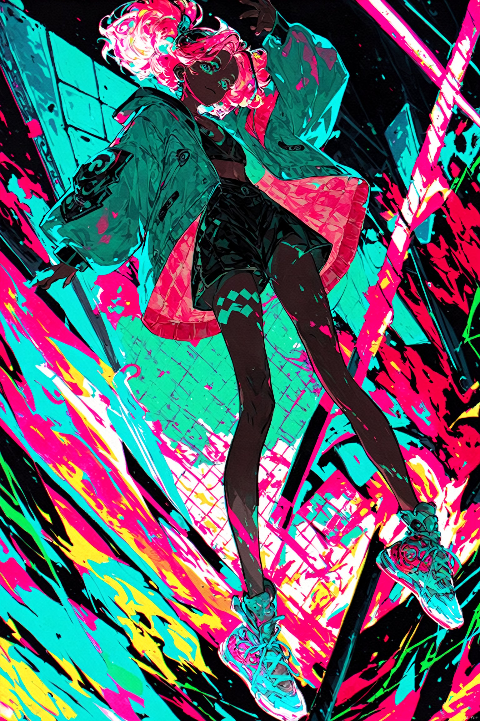 score_9,score_8_up,score_7_up,score_6_up,
A girl,a female anime character is wearing futuristic and shoes,in the style of psychedelic neon,nintencore,skottie young,light pink and light black,kidcore,dark white and dark cyan,colorful chaos,