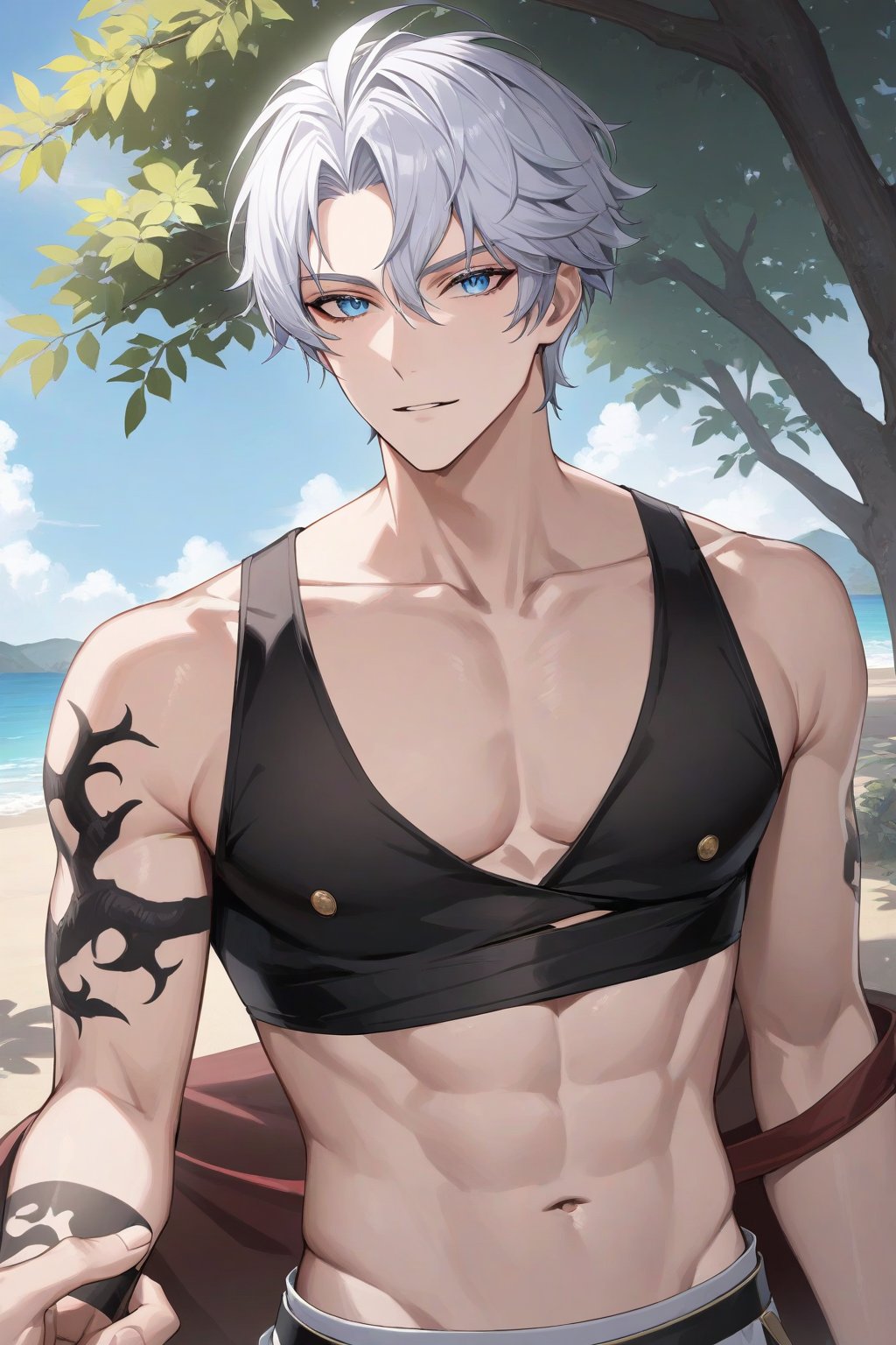 masterpiece, best quality, very aesthetic, absurdres, ((1boy, male only, male focus, mature male)), pov, lass, white hair, blue eyes, medium hair, hair between eyes, bangs, black tattoo on left arm, collarbone, thin, navel, outdoors,