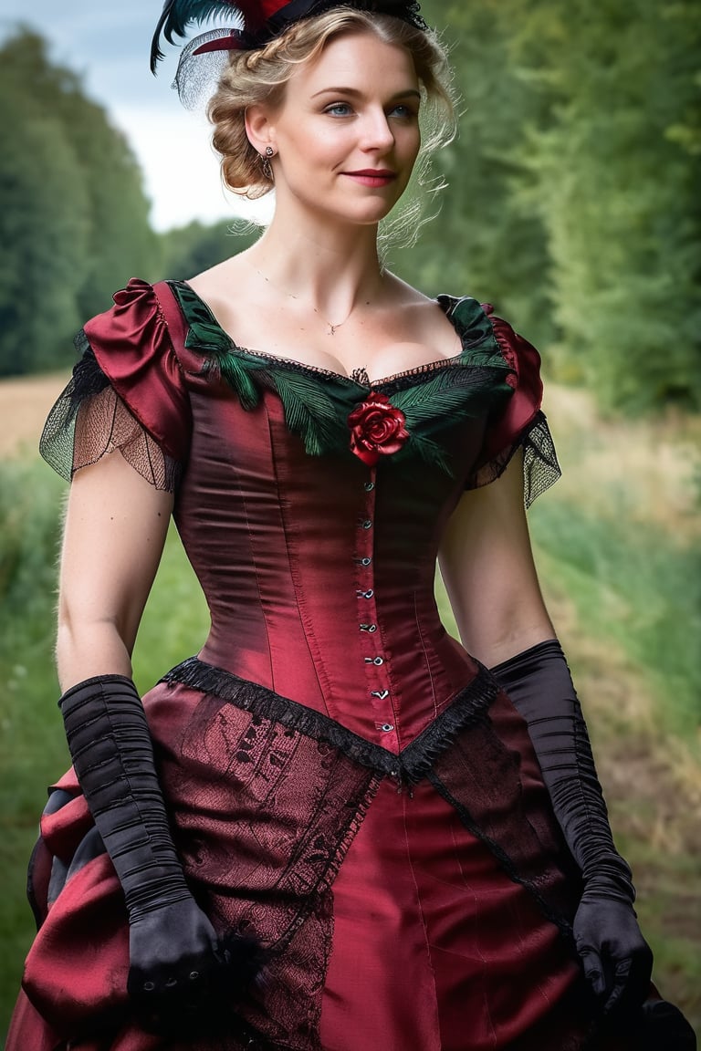 artwork,  distant shot, beautiful woman, 25, blonde hair, plait,  small hat with feather,  wearing wearing red and black silk victorian bustle dress, silk gloves,  turning towards camera, evening light, slight smile, morning light, fine skin detail with pores and blemishes,bustle dress,Expressiveh