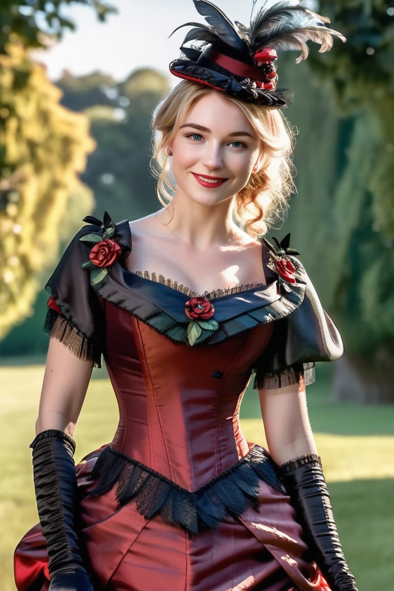 cute type artwork,  distant shot, beautiful woman, 25, blonde hair, small hat with feather,  wearing wearing red and black silk victorian bustle dress, silk gloves,  turning towards camera, evening light, slight smile, morning light, fine skin detail with pores and blemishes,bustle dress,cute cartoon 