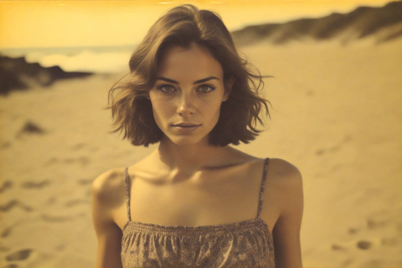 colouring_experiment_analogue, instagram photo, full photo of 26 y.o american woman walking on a beach, summerdress , perfect detailed eyes, natural skin, hard shadows, film grain