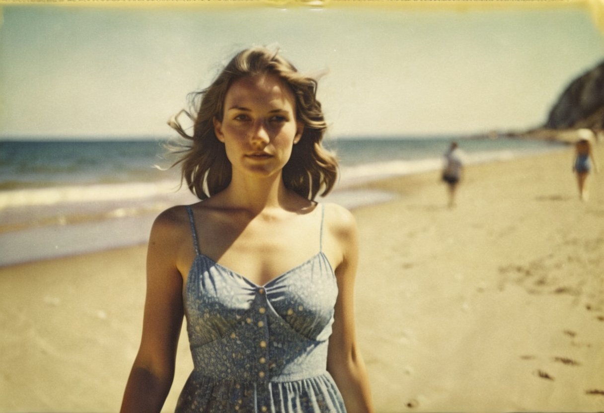 colouring_experiment_analogue, instagram photo, full photo of 26 y.o american woman walking on a beach, summerdress , perfect detailed eyes, natural skin, hard shadows, film grain