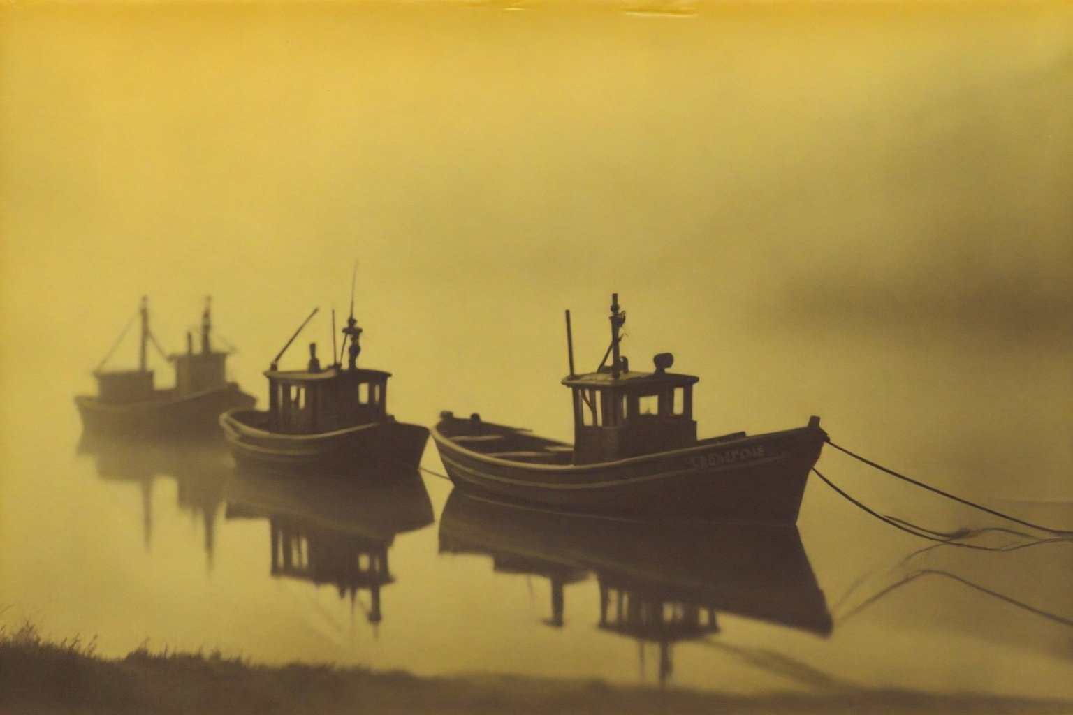 colouring_experiment_analogue, a foggy sea with some fisherboats, hard shadow