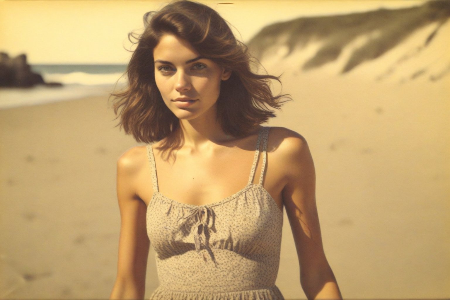 colouring_experiment_analogue, instagram photo, full photo of 26 y.o american woman walking on a beach, summerdress , perfect detailed eyes, natural skin, hard shadows, film grain