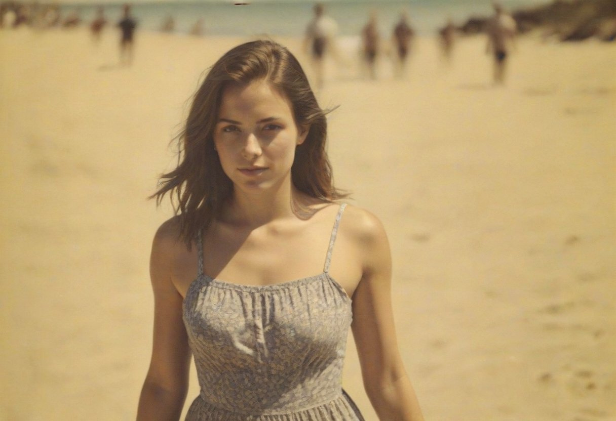 colouring_experiment_analogue, instagram photo, full photo of 26 y.o american woman walking on a beach, summerdress , perfect detailed eyes, natural skin, hard shadows, film grain