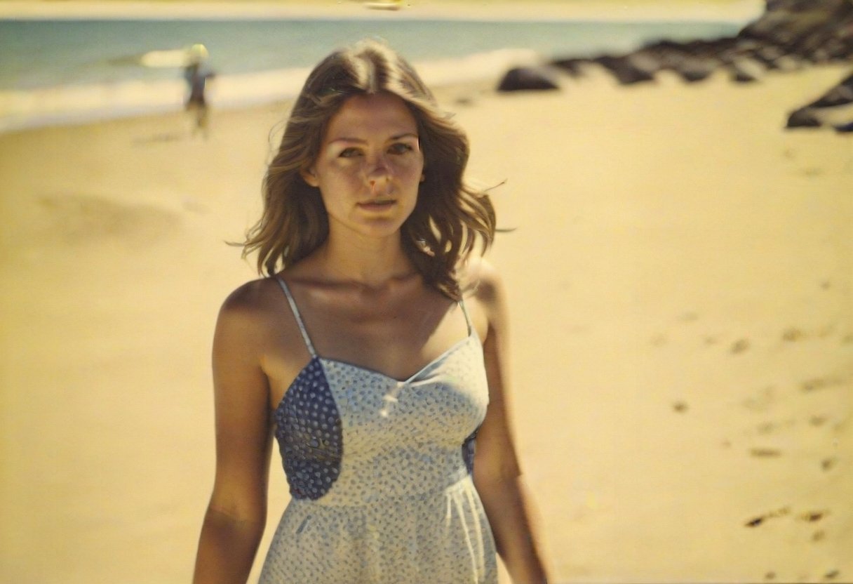 colouring_experiment_analogue, instagram photo, full photo of 26 y.o american woman walking on a beach, summerdress , perfect detailed eyes, natural skin, hard shadows, film grain