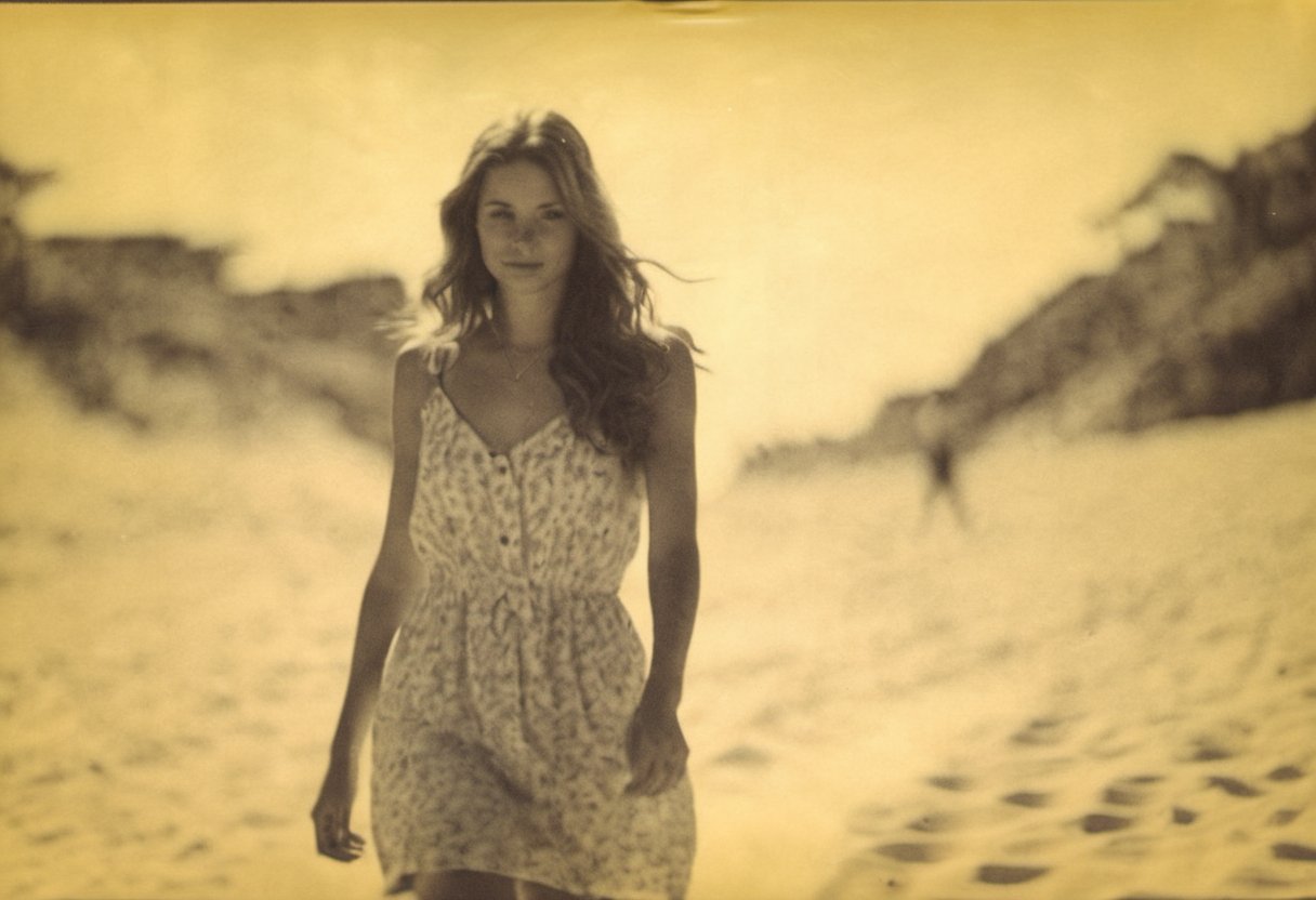 colouring_experiment_analogue, instagram photo, full photo of 26 y.o american woman walking on a beach, summerdress , perfect detailed eyes, natural skin, hard shadows, film grain