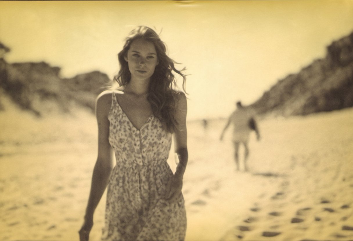 colouring_experiment_analogue, instagram photo, full photo of 26 y.o american woman walking on a beach, summerdress , perfect detailed eyes, natural skin, hard shadows, film grain