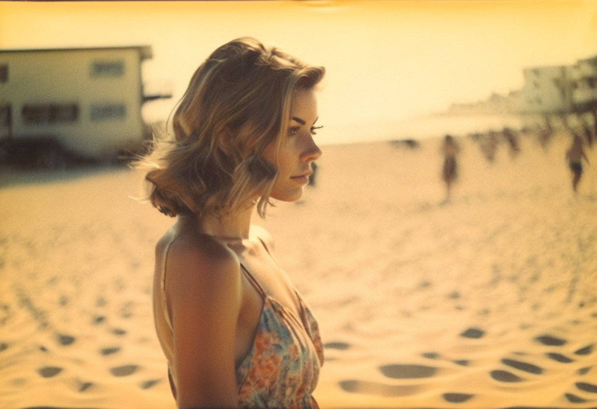 colouring_experiment_analogue, instagram photo, full photo of 26 y.o american woman walking on a beach, summerdress , perfect detailed eyes, natural skin, hard shadows, film grain