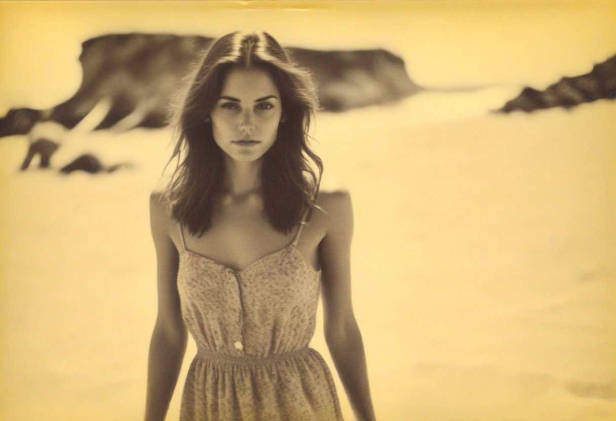 colouring_experiment_analogue, instagram photo, full photo of 26 y.o american woman walking on a beach, summerdress , perfect detailed eyes, natural skin, hard shadows, film grain