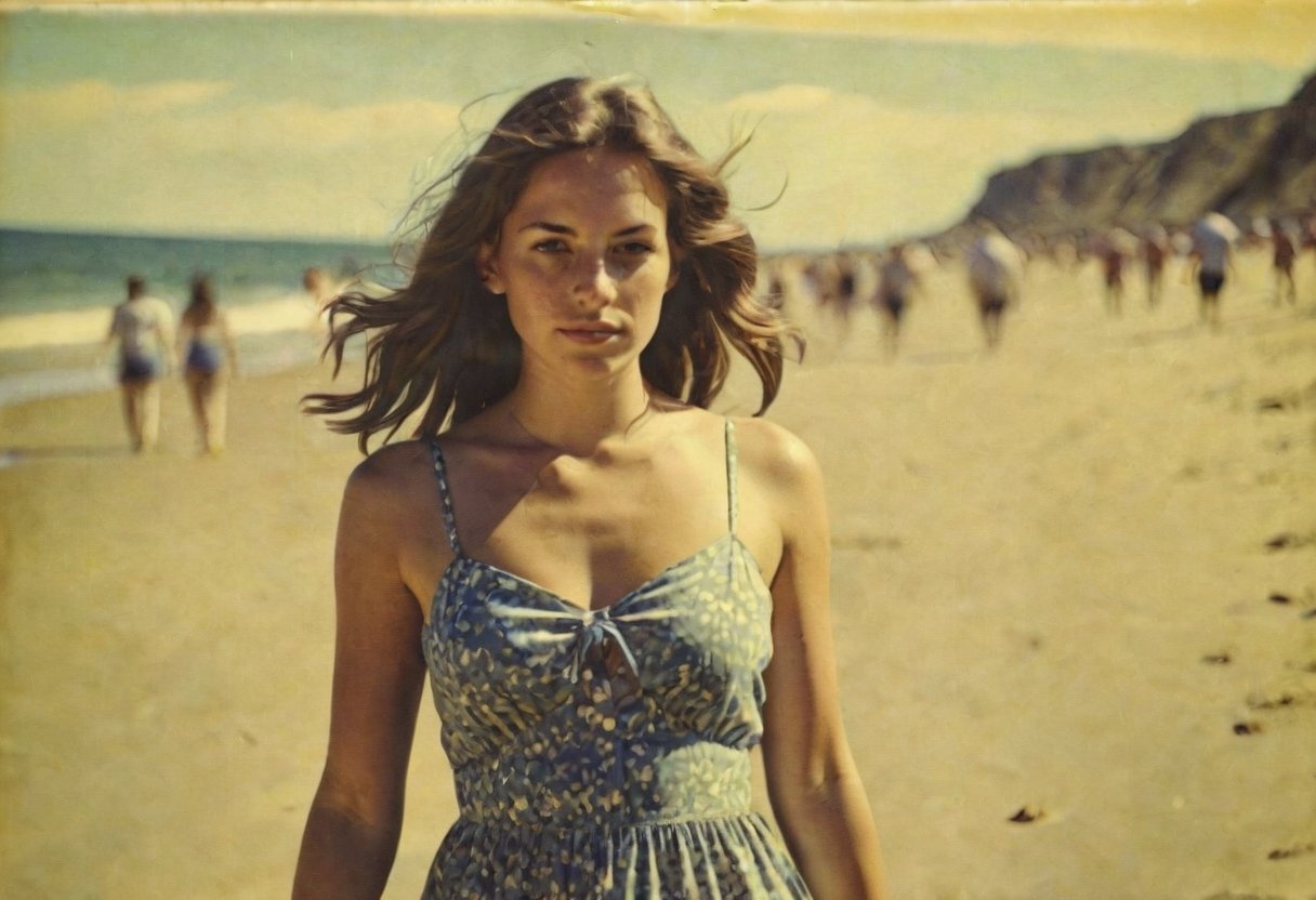 colouring_experiment_analogue, instagram photo, full photo of 26 y.o american woman walking on a beach, summerdress , perfect detailed eyes, natural skin, hard shadows, film grain