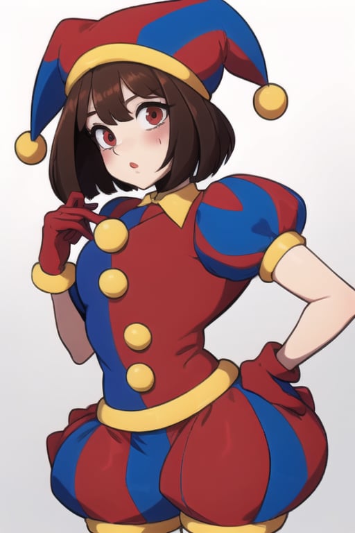 pomni,brown hair,jester hat,clown hat,symbol-shaped eyes,short hair,thighhighs,puffy sleeves,short sleeves,gloves, asymmetrical gloves, big eyes