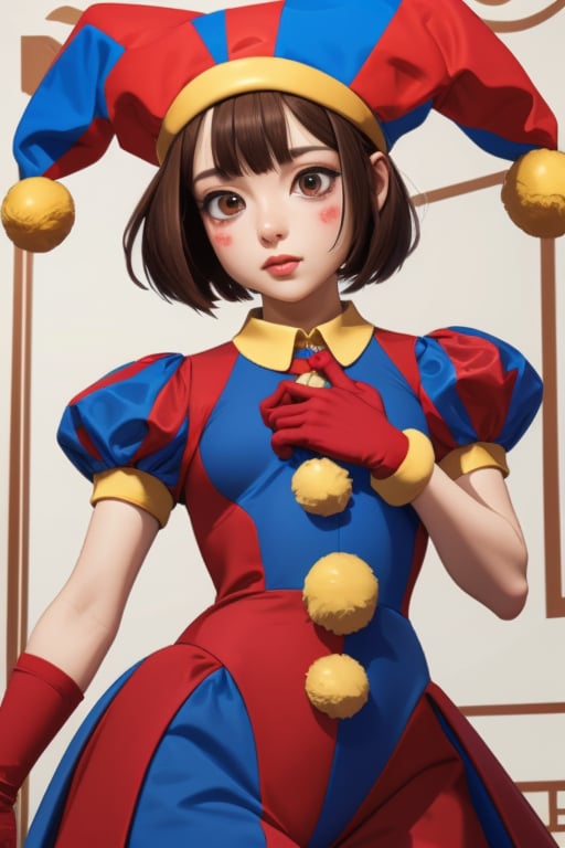 pomni,brown hair,jester hat,clown hat,symbol-shaped eyes,short hair,thighhighs,puffy sleeves,short sleeves,gloves