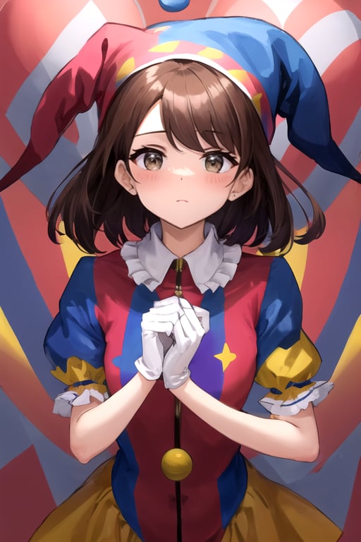 pomni,brown hair,jester hat,clown hat,symbol-shaped eyes,short hair,thighhighs,puffy sleeves,short sleeves,gloves,girl,solo,circus background, bright colors, vibrant colors, sharp look, masterpiece, new, ai generated, better hands, perfect lighting, ultra detailed, perfect_anatomy, detailed eyes, detailed clothes, facing viewer, nervous look, cowboy shot