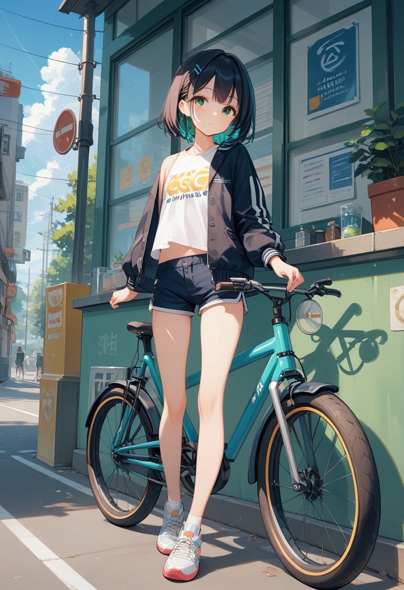 score_9, score_8_up, score_7_up, score_6_up, score_5_up, score_4_up, A young college girl is waiting at a crossroad for the traffic light to turn green, dressed in a black jacket and shorts. She is riding a bicycle, her long and slender legs gleaming white under the sunlight, showcasing her slim figure.,more detail XL,Supersex