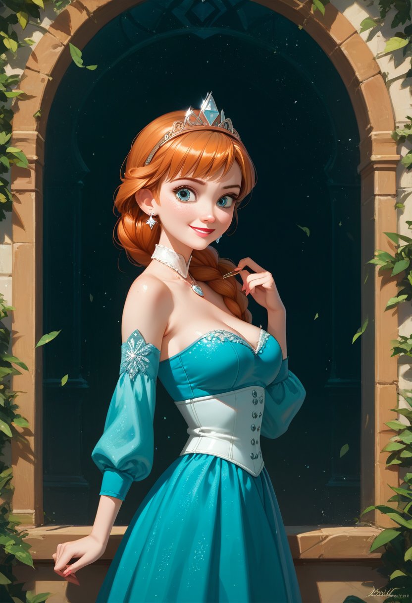 score_9, score_8_up, score_7_up, score_6_up, score_5_up, score_4_up, 1girl, princess Anna from frozen, sweet smile, waist up, modest pose, side view, looking at viewer, source_pixar, 