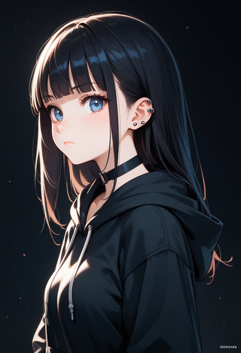 score_9, score_8_up, score_7_up, 1girl, solo, pale skin, black hair, long hair, straight smooth hair, blue eyes, blunt bangs, black hoodie, freckles, choker, long sleeves, slight frown, ear piercings, closed mouth, looking at viewer, from side, dark background, upper body, 8k detail, Expressiveh,
,more detail XL,