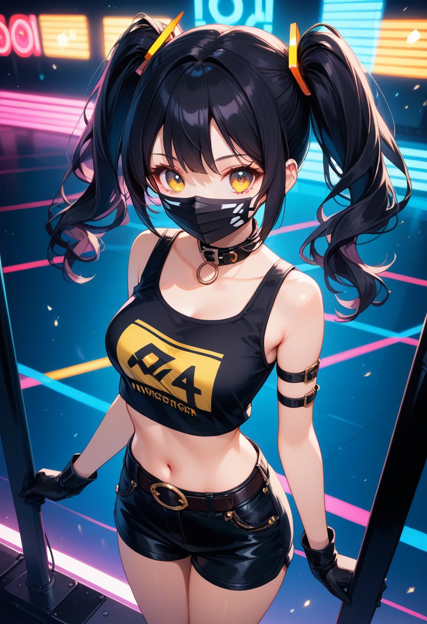 score_9, score_8_up, score_7_up,(masterpiece,best quality,beautiful detailed face), from angle,
1 beautiful girl/Kpop girl,Black hair(pigtails hairstyle),Mouth mask,
Black Crop Top,Black shorts,gloves,belts,Neck collar,
On stage, colorful lights, neon lights,spark, Expressiveh,
,more detail XL,