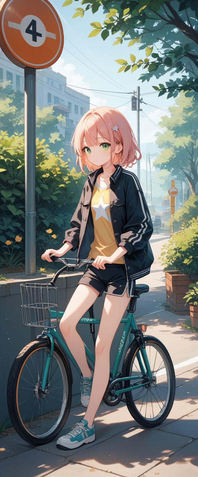 score_9, score_8_up, score_7_up, score_6_up, score_5_up, score_4_up, A young college girl is waiting at a crossroad for the traffic light to turn green, dressed in a black jacket and shorts. She is riding a bicycle, her long and slender legs gleaming white under the sunlight, showcasing her slim figure.