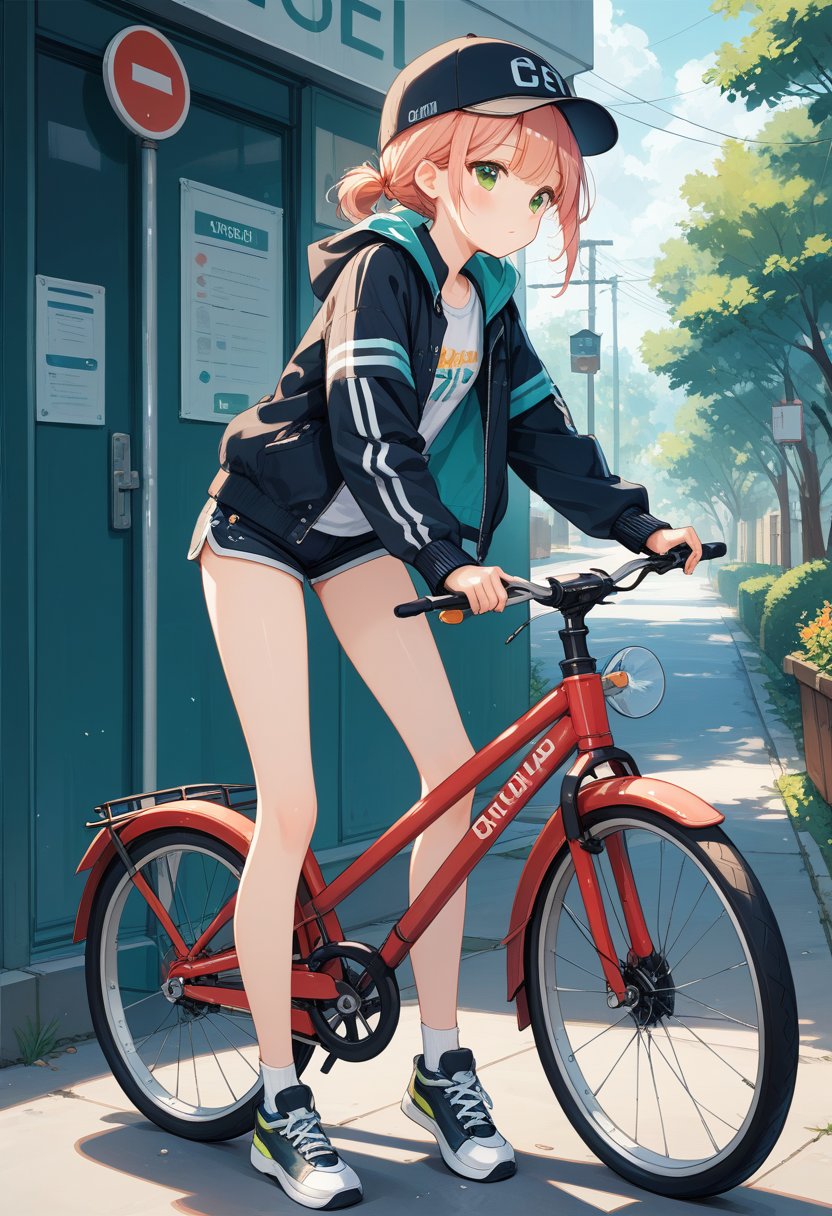 score_9, score_8_up, score_7_up, score_6_up, score_5_up, score_4_up, A young college girl is waiting at a crossroad for the traffic light to turn green, dressed in a black jacket and shorts. She is riding a bicycle, her long and slender legs gleaming white under the sunlight, showcasing her slim figure.