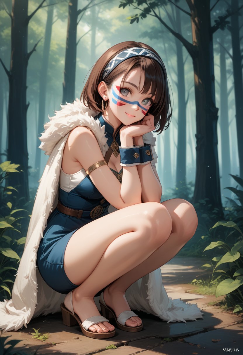 score_9, score_8_up, score_7_up,  san, 1girl, full body, squatting, solo, short hair, brown hair, gray eyes, headband, face paint, earrings, white sleeveless top, navy under dress, arm cuffs, fur headdress, fur cape, light-skinned female, female focus, looking at viewer, smiling, forest, (blush:1.1)   concept art, realistic,  expressiveh,  knva,  , 
Expressiveh,
more detail XL,